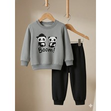 Selvira Panda Baskılı Unisex 3 Iplik Şardonlu Çocuk Eşofman Takımı – Uzun Kollu Sweatshirt & Lastikli Alt, Pamuklu