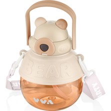 PremiumPort Büyük Kapasiteli Bear Desenli Tritan Su Şişesi, Pipetli ve Pipetsiz Kullanım