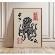 Ninastore Japon Ahtapotu Posteri Geleneksel Ahşap Baskı Tarzı Duvar Sanatı Baskısı Siyah ve Kırmızı Okyanus Ta