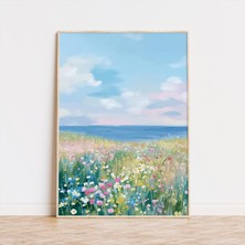 Ninastore Sahil Kır Çiçeği Çayırı Baskısı, Deniz Kenarı Çiçekli Manzara, Pastel Okyanus Tablosu, Kır Evi Tarzı