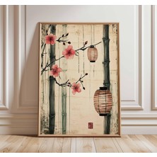 Ninastore Japon Bambu ve Fener Posteri Kiraz Çiçeği Duvar Sanatı Baskısı Wabi Sabi Asya Dekorasyonu Zen Minima
