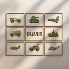 Ninastore Askeri Araç Temalı Çocuk Odası Sanat Baskıları: Kamuflaj Dekor, Özel Isim Seçeneği (9'lu Dijital Ind