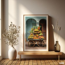 Ninastore Art Deco Meyve Arabası Mutfak Baskısı: Renkli Kafe Duvar Dekoru (Dijital Indirme)