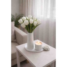 R Rozella Minimal Ribbed Vazo & Mum Dekor Seti – Beyaz