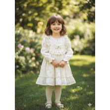 Bubiee Baby Kız Çocuk Krem Çiçek Desenli Müslin Dokulu Dantel Yaka Detaylı Fiyonklu Floral Elbise