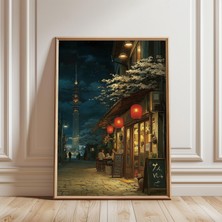 Ninastore Japon Feneri Sokak Afişi Gece Kiraz Çiçeği Baskısı Resimli Sanat Eseri