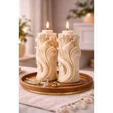R Rozella El Yapımı Dalga Dokulu Ikili Dekoratif Mum Seti – Krem