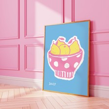 Ninastore Meyve Kasesi Baskısı | Dijital Sanat Indirme | Mavi Mutfak Dekorasyonu | Sevimli Limonlar Posteri |