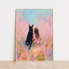 Ninastore Kız ve Alman Çoban Köpeği Baskısı: Kır Çiçekli Çayır Evcil Hayvan Yavrusu Cenneti (Dijital Indirme)