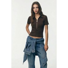 Qaju Kadın Vatka Detaylı Fermuarlı Pamuklu Bluz–kahve