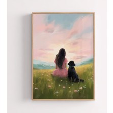 Ninastore Esmer Kız ve Köpek Baskısı: Pastel Kır Çiçeği Çayırı Sanatı (Dijital Indirme)