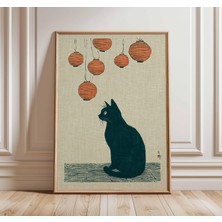 Ninastore Siyah Kedi Sanat Baskısı Japon Feneri Posteri Minimalist Asya Duvar Sanatı Vintage Kedi Illüstrasyon