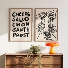Ninastore Şerefe! Yazdırılabilir 2'li Set, Nötr Retro Bar Arabası Posteri, Minimalist Mutlu Saatler Duvar Deko