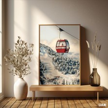 Ninastore Kış Duvar Sanatı Karlı Dağ Manzarası Baskısı Kırmızı Teleferik Posteri Alp Manzarası Duvar Sanatı Ka
