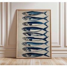 Ninastore Kıyı Balıkları Duvar Sanatı Baskısı Deniz Mavisi Sardalya Posteri Okyanus Mutfak Sanat Eseri Vintage