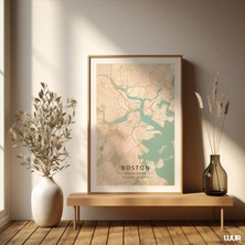 Ninastore Boston Duvar Sanatı Boston Duvar Haritası Turuncu ve Turkuaz Poster Boston Mahalle Haritası Dijital