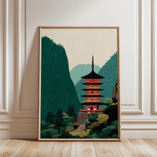 Ninastore Japon Pagoda Posteri, Vintage Manzara Sanatı, Kırmızı Tapınak Illüstrasyonu