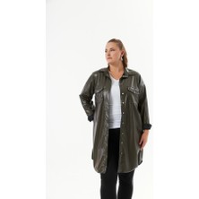 Truva Xxl Büyük Beden Yeşil Suni Deri Tunik Gömlek