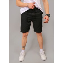 Eydamoon Erkek Siyah Jogger Likralı Bel Lastikli Arka Cep Fermuarlı Yazlık Şort