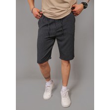 Eydamoon Erkek Lacivert Likralı Jogger Bel Lastikli Düğmeli Çizgili Arka Cep Detaylı Kapri Şort