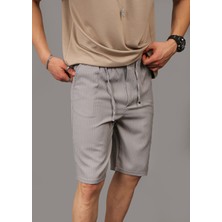 Eydamoon Erkek Gri Likralı Jogger Bel Lastikli Düğmeli Çizgili Arka Cep Detaylı Kapri Şort