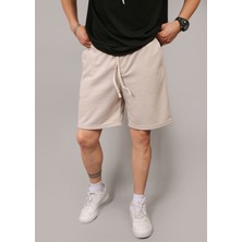 Eydamoon Erkek Bej Pike Kumaş Baggy Kesim Double Paça Bel Lastikli Bağlamalı Yazlık Şort