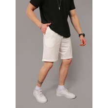 Eydamoon Erkek Beyaz Regular Kesim Penye %100 Organik Pamuk Cepli Yazlık Şort