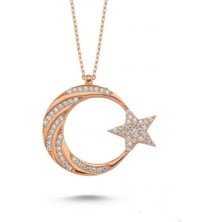 Modahilye 925 Ayar Gümüş Ay Yıldız Hilal Rose Gold Renk Gümüş Kolye
