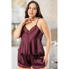 Homay 2'li Büyük Beden Güpür Kenarlıklı Şortlu Saten Pijama Takımı