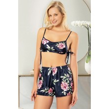 Homay 2'li Çiçek Desenli Bağcıklı Bralet ve Şortlu Saten Pijama Takımı