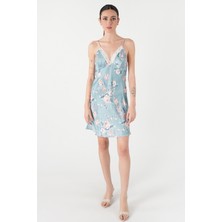 Homay Dantel Yaka Detaylı Çiçek Desenli Ince Askılı Saten Gecelik