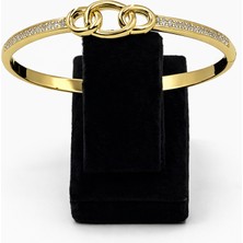 Pangu Halka Figürlü Zirkon Taşlı Altın Renk Çelik Kelepçe Bilezik