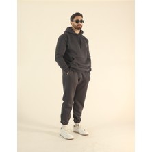 EYDAMOON Erkek Füme Kışlık Içi Polarlı Puf Kumaş Kapüşonlu 3iplik Kanguru Cepli Lastikli Paça Eşofman Takımı