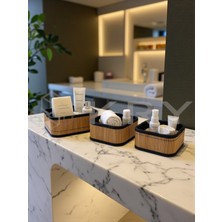 PremiumPort Bambu 3'lü Banyo Düzenleyici Seti Ahşap Ceviz Renkli Kozmetik ve Havlu Organizer