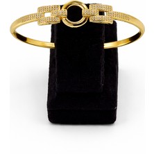 Pangu Kare ve Yuvarlak Geometrik Zirkon Taş Detaylı Çelik Kelepçe Bilezik