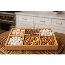 PremiumPort 6 Bölmeli Bambu Çerezlik ve Sunum Kutusu, Şeffaf Akrilik Kapaklı