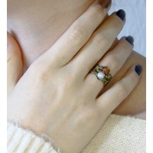 Esha Ikili Doğal Taşlı Çiçek Motifli Antik Kadın Ayarlanabilir Yüzük Ay Taşı Güneş Taşı EUY22AG