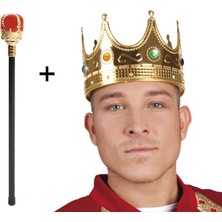 Skygo Altın Renk 60 Cm Kral Tacı Kraliyet Tacı Ve Kırmızı Topuzlu Kral Asası Seti