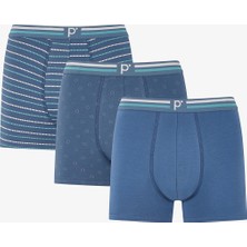 Penti Erkek Blue Basic Geometrik Desenli 3'lü Boxer