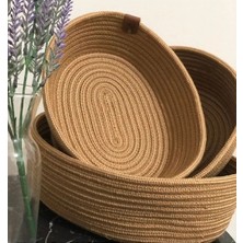 PremiumPort 3'lü Oval Hasır Sepet Seti, Gold ve Kahve Renkli, 18X28CM