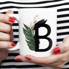 Braventa Collection B Harfi Baskılı Çiçek Desenli Dekoratif Baş Harf Baskılı Kupa Bardak B Harfli Kahve Bardağı