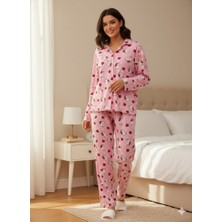 Mavera Boston Kedi Baskılı Gömlek Yaka Pijama Takımı