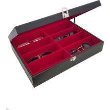 PremiumPort 8'li Siyah Deri ve Kırmızı Ahşap Gözlük Kutusu Seti