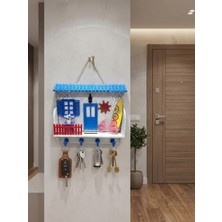 Padilon Ahşap Anahtar Askısı Duvar Anahtarlığı Ev Figürlü Mavi Çatılı Balıkçı Tasarımlı 21X18 cm