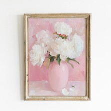 Ninastore Beyaz Şakayık Çiçek Desenli: Pembe Vazo Kır Evi Tarzı Duvar Sanatı (Dijital Indirme)