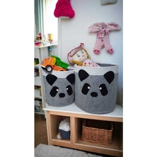 PremiumPort Iki Parçalı Açık Gri Panda Keçe Çocuk ve Çamaşır Sepeti Seti