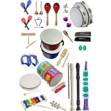 Braventa Collection Örf Aletleri Seti Overmuch Paket-2 Marakas Zil Üçgen Ksilofon Melodika Mızıka Davul Flüt (30 Parça)