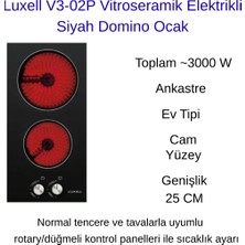 Luxell V3-02P Vitroseramik Elektrikli Siyah Domino Ocak + Hassas Mutfak Tartısı Hediye