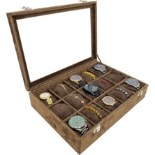 PremiumPort Lüks Alkantara Kahverengi Saat Organizeri, 15 Gözlü, Şık ve Pratik Tasarım