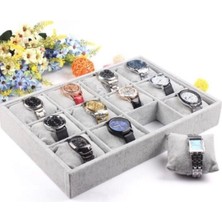 PremiumPort 12 Li Saat ve Kelepçe Yastıklı Masaüstü Kutu ve Tabla, Şık Gri Süet Tasarım